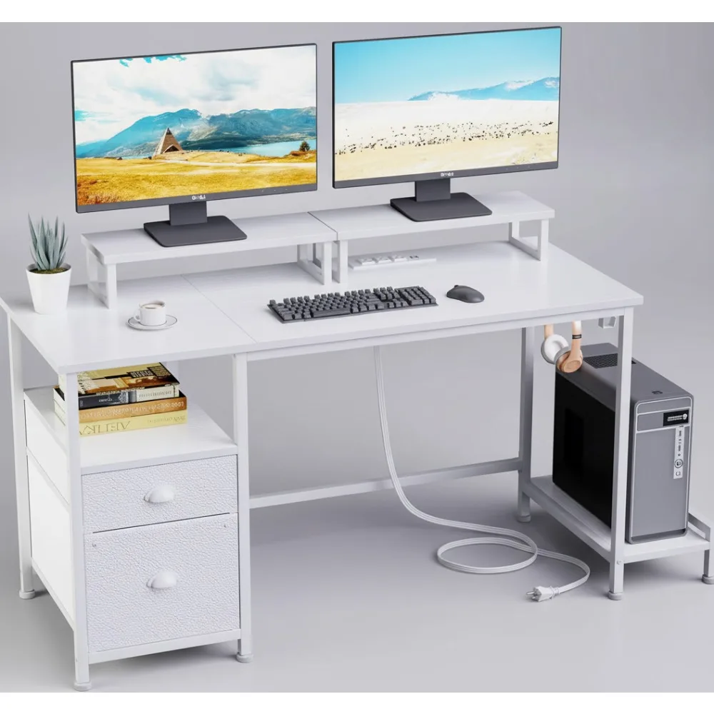 

47-дюймовый стол для домашнего офиса с розетками, подставками для монитора и хранилищем — идеально подходит для игр и работы