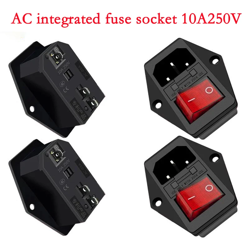 5PCS AC-01AC-14-F16A Electrical Power Socket Rocker Switch Brass 10A Inlet Plug Connector 250V Computer Mount Outlet With Fuse