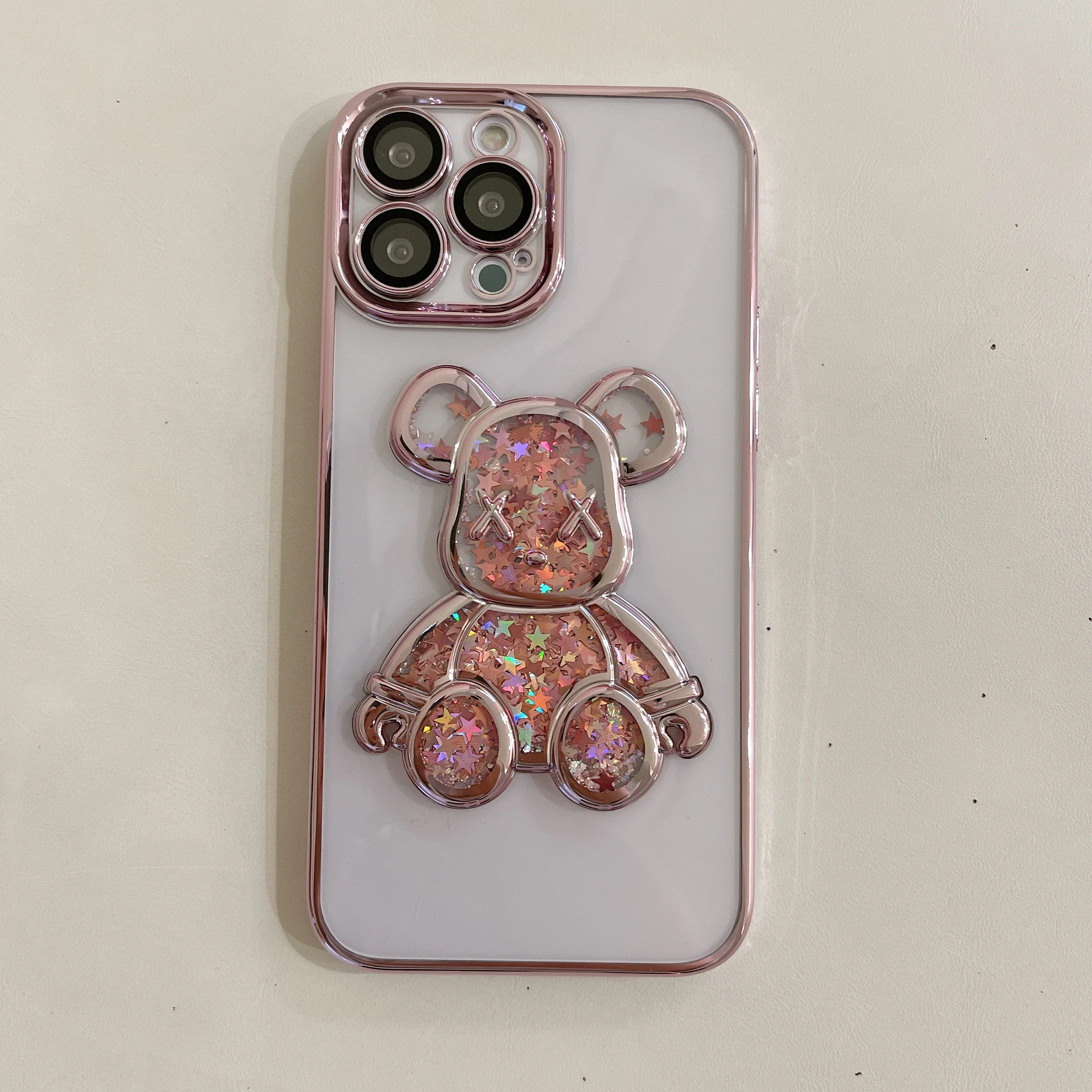 Cute Bear Glitter Quicksand Case for iPhone 11 15 14 13 Pro Max 12  Pro Max 15Pro  Plus  Max Lens Protective Film Plating Cover