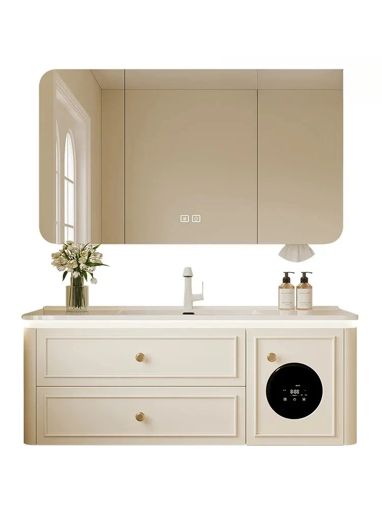 

Шкаф для ванной комнаты из французского дуба, умная мини-стиральная машина, туалет, керамическая встроенная раковина, стол для мытья, комбинация раковины