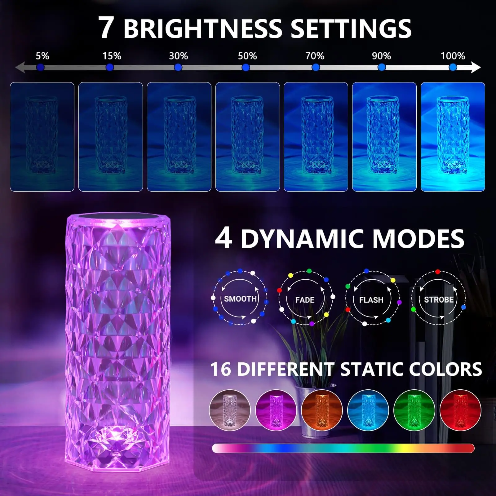 Crystal Table Lamp RGB Color Changing Night Light Romantic LED Rose Diamond Touch Lamp for Home Living Room Decor Remote Control