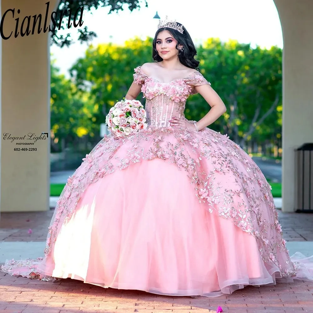 Vestido De baile De quinceañera con volantes De encaje y lentejuelas rosas, hombros descubiertos, corsé con flores 3D, 15 Años