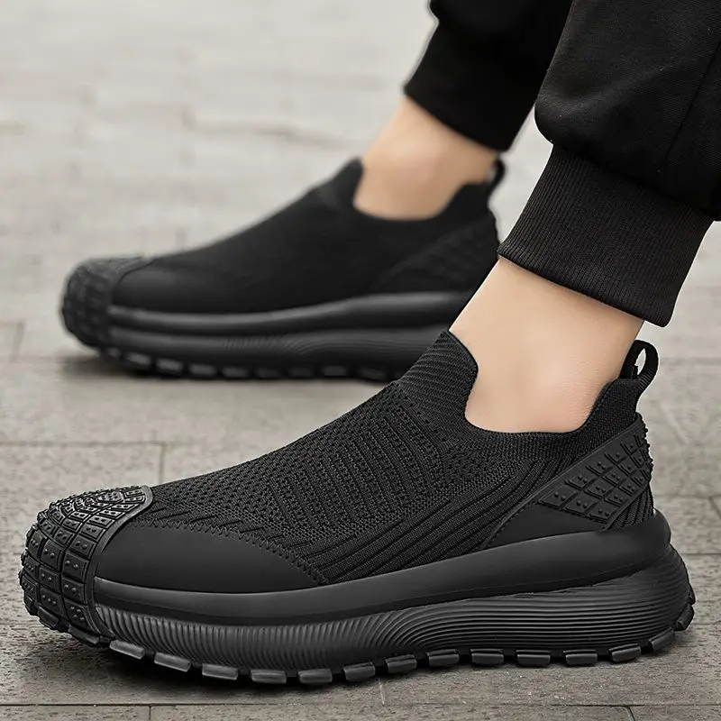 

Черные дышащие мужские повседневные кроссовки без шнуровки, спортивная обувь на толстой платформе с сетчатым верхом для мужчин, дизайнерская трендовая обувь 2025 года в акции