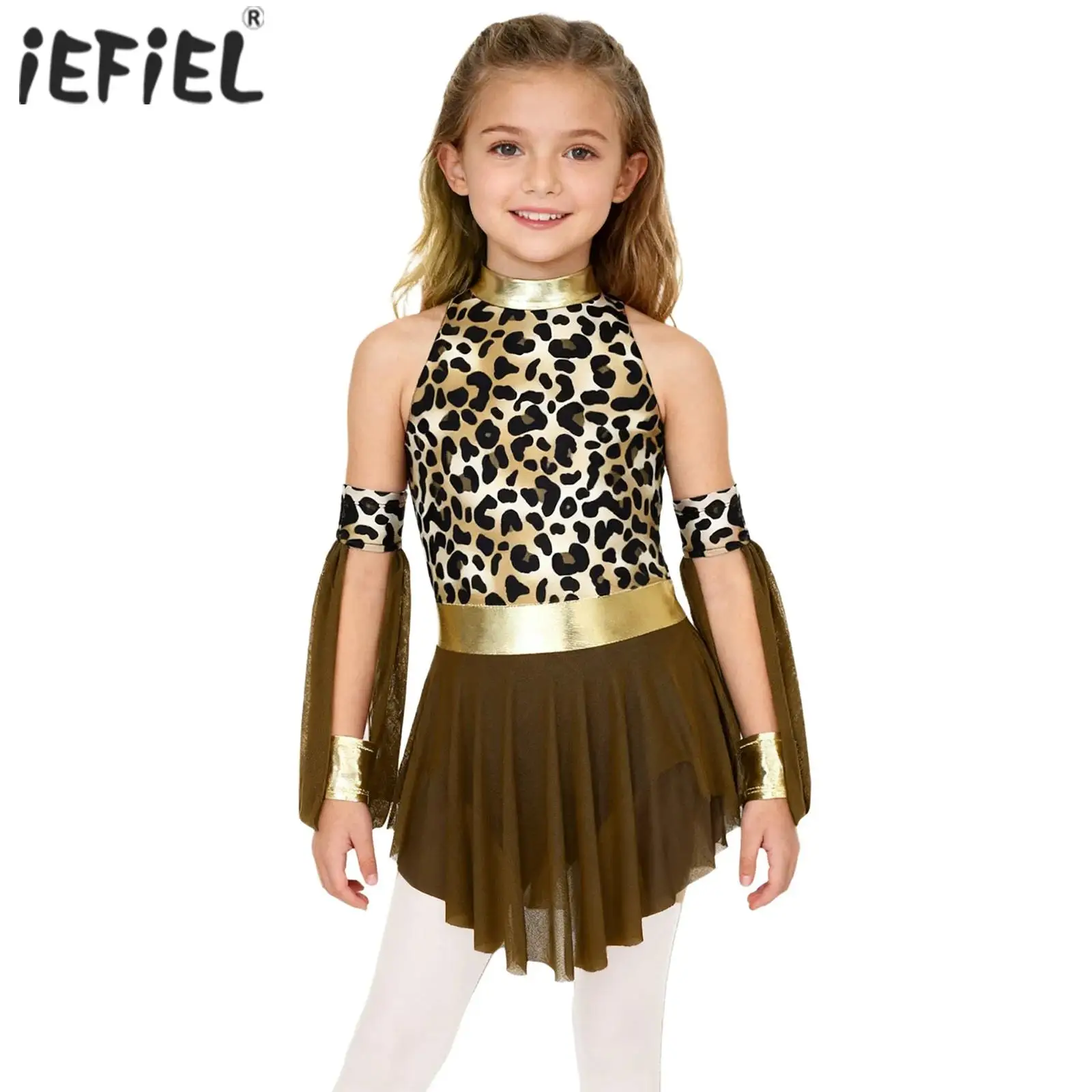 

Girls Prehistoric Cave Stone Primitive Carnival Cosplay Costume Leopard Print Metallic Glossy Dress And Matched Oversleeves
