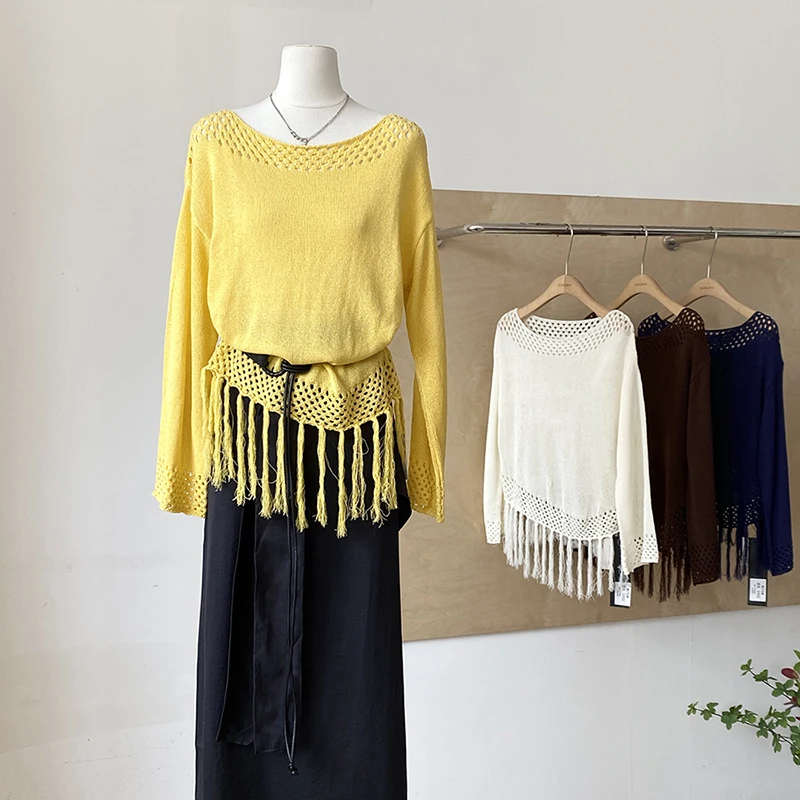 

2025 Autumn Trendy Women Tops French Style Chic Design Tassel Leisure Tops Female Pure Solid Hollow Out Loose Versatile Knitwear