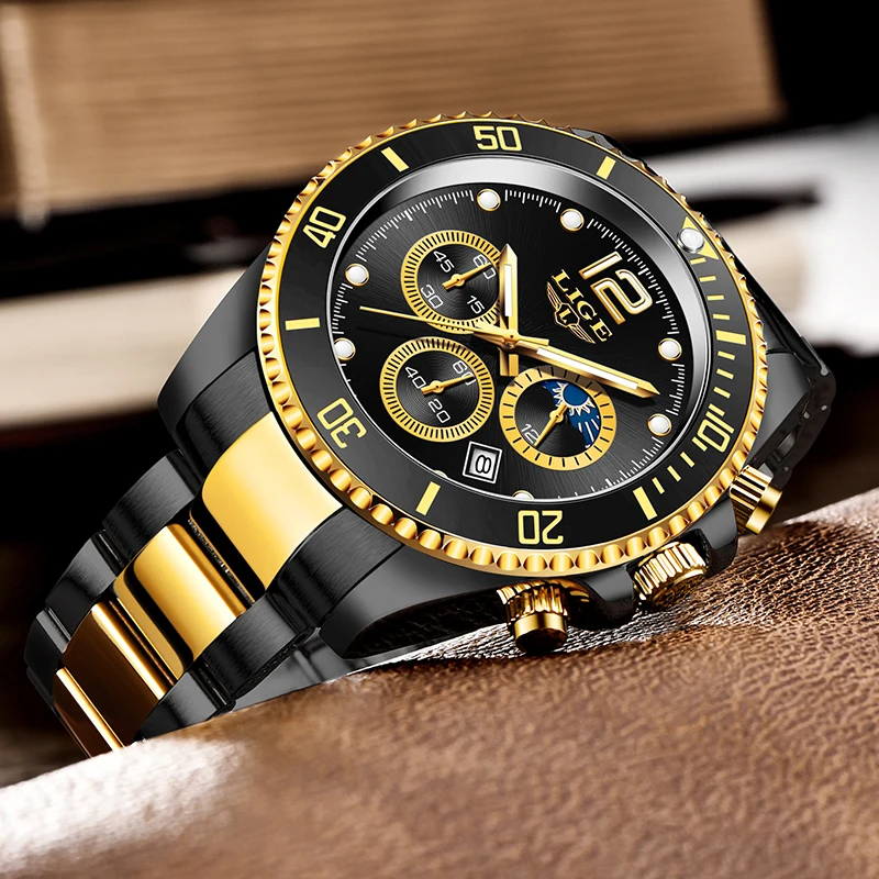 LIGE Fashion Gold Quartz Watches For Men Waterproof Sport Military Watch Men Casual Business Date Chronograph Relogio Masculino