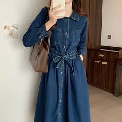 French Denim Dress with a New Waist Cinching Style Slimming and Retro Long Sleeved High Waisted Skirt