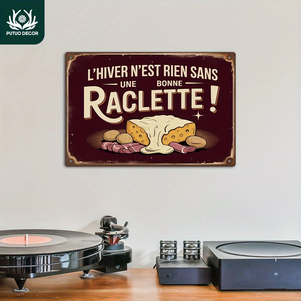 2D Flat, 2D Flat, [2D Flat]1pc PUTUO DECOR French Vintage Raclette Party Metal Sign - Heavy-Duty Retro Cheese And Meat Grill Art