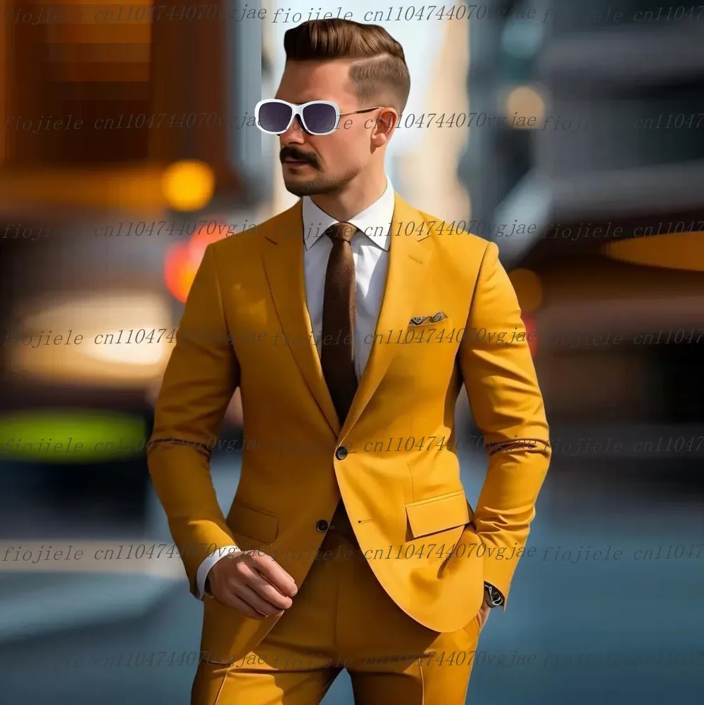 

Новый желтый мужской костюм для торжественных случаев, свадьбы, жениха, жениха, бизнеса, выпускного вечера, мужские смокинги по индивидуальному заказу, комплект из 2 предметов, куртка, брюки