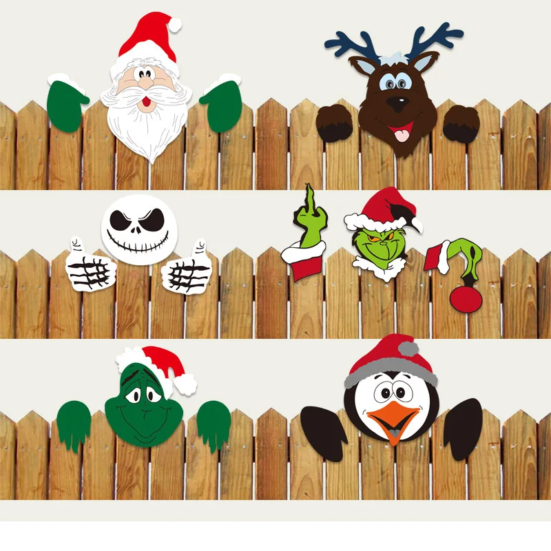 Christmas Garden Fence Wooden Signs Santa Claus Elk Snowman Peeper Fence Ornaments Indoor Outdoor Home Holiday Decor