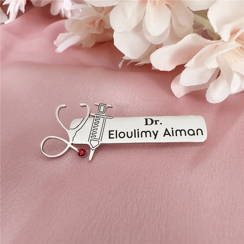 Estetoscopio personalizado, jeringa con nombre personalizado para enfermera, broche profesional de acero inoxidable para médico y enfermeras