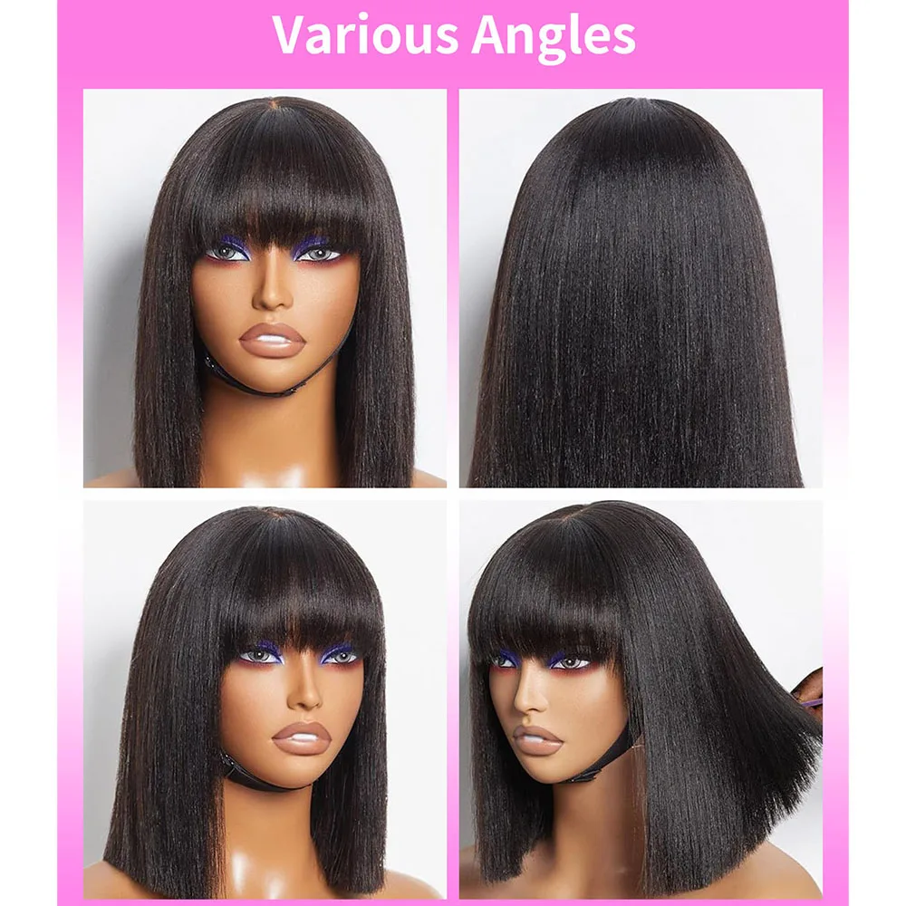 190% Density Straight Bang Bob Wig 2x1 Lace Front Short Human Hair Wig Natural Black Short Straight Human Hair Wig With Bangs