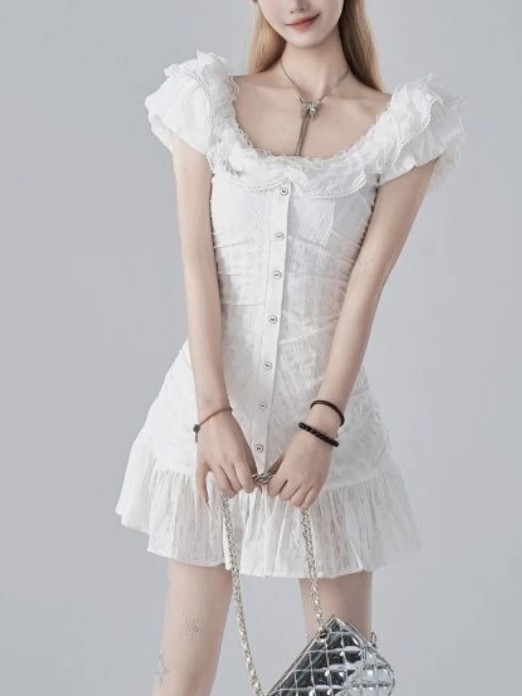 Zoete Witte Vierkante Kraag Mini Jurk Vrouwen Fee Bodycon Chic Design Jurk Japanse Kawaii Vliegende Mouw Avondfeest Jurk Nieuw