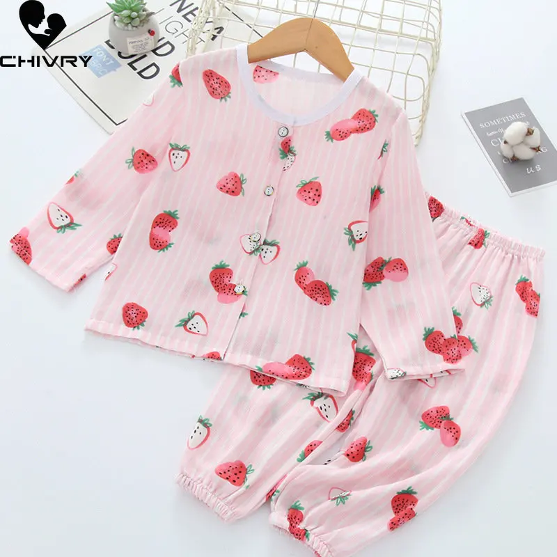 New Summer Boys Girls Pajamas Kids Fashion Cartoon Strawberry Print Long Sleeve Shirt Tops with Pants Baby Sleepwear Homewear