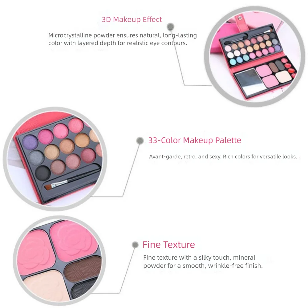 33 couleurs Palette de fard à paupières avec miroir brosse rouge à lèvres cosmétiques Palette sac paillettes fard à joues Palette de cosmétiques professionnelle
