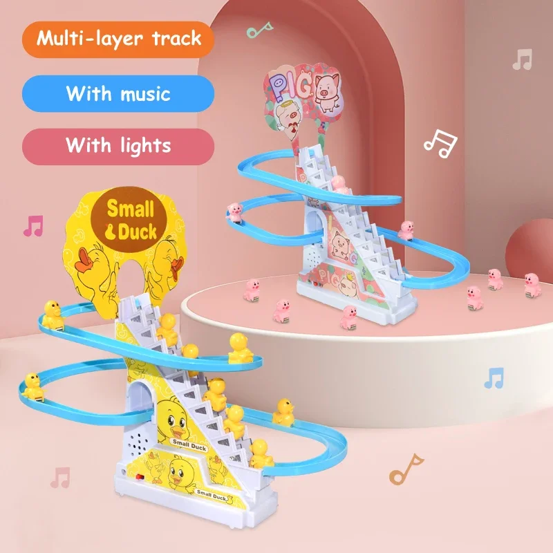 เด็กใหม่ Piglet ปีนบันไดติดตามของเล่นเป็ด DIY Electric Racing Roller Coaster ของเล่นเพลงสําหรับของขวัญเด็ก