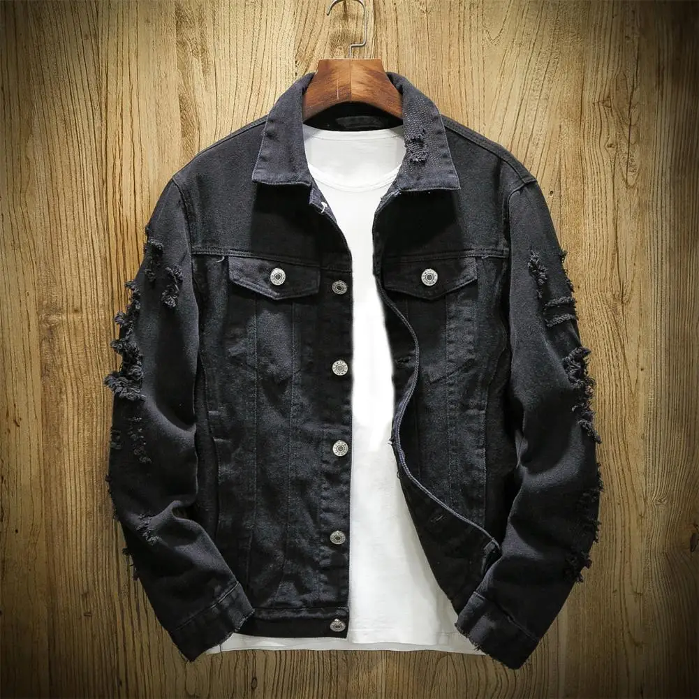 

Stylish Men Jacket Korean Style Jean Jacket Relaxed Fit Pure Color Single Breasted Coat Streetwear