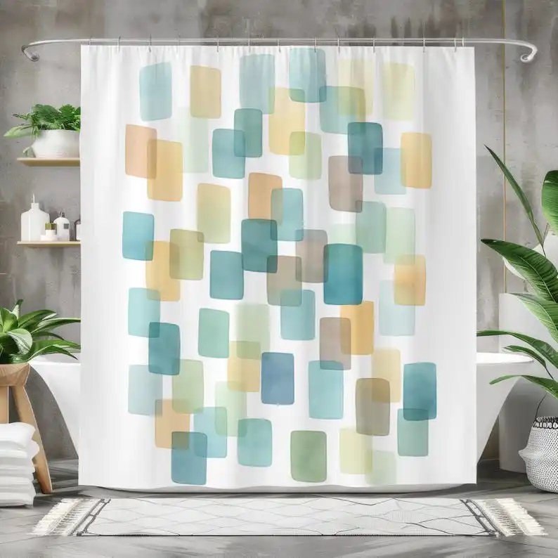 Watercolor Geometric Shower Curtain in Teal, Mustard and Blue Tones, Mid Century Modern Abstract Bathroom Decor