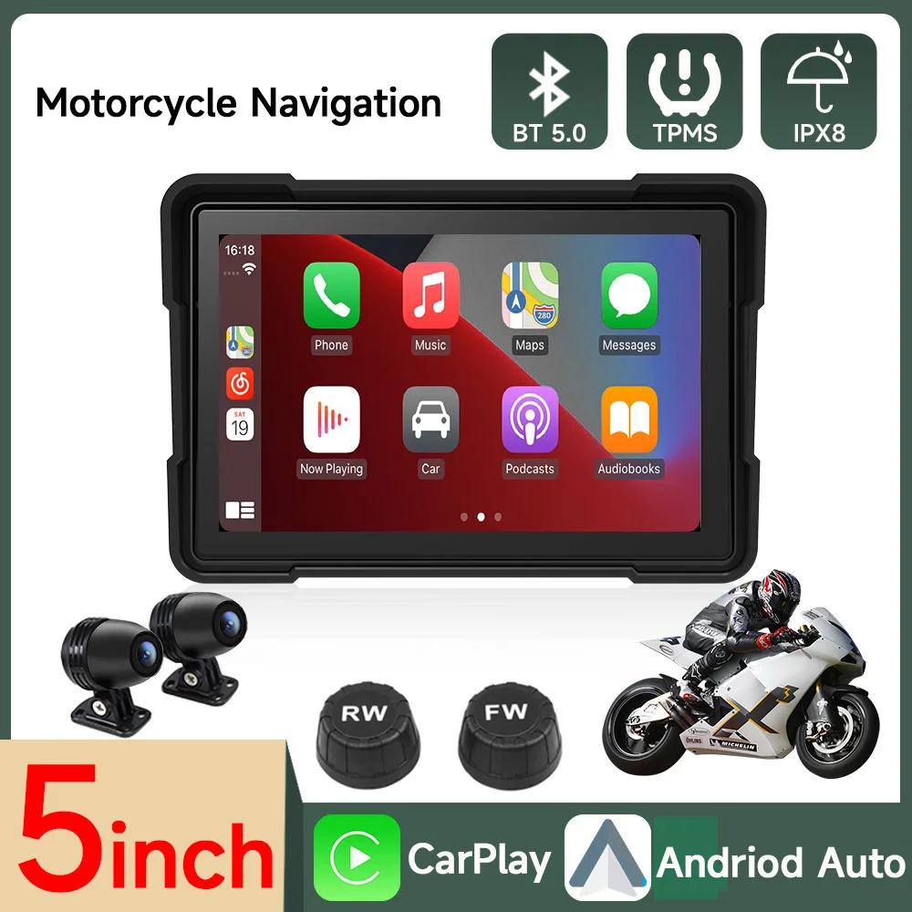 5 inch Portable Motorcycle Display IPX7 Waterproof Monitor Bluetooth For Wireless  Carplay Android Auto Dual Recorder Navigation 