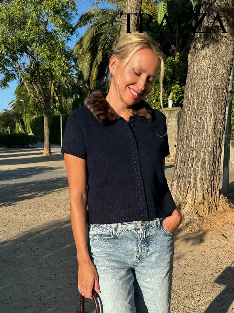 

HH 2025 Women Autumn Cardigan Navy Blue Leopard Print Turn-Down Collar Short Sleeve Single-Breasted Female Casual Tops