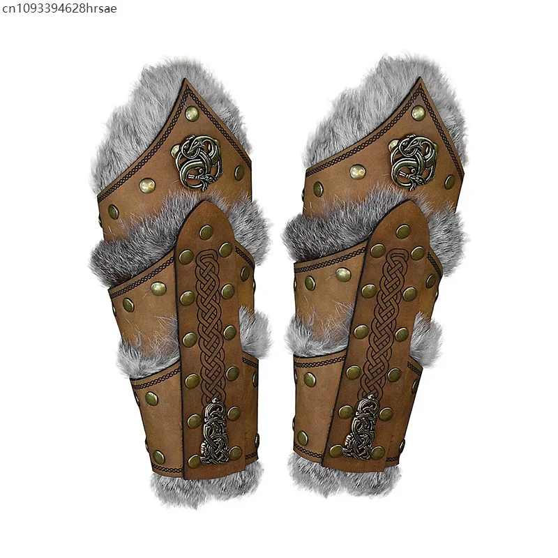 1 Pair Medieval PU Leather Armor Arm Warmers Fur Trim Bracer Lace-Up Arm Guards Viking Knight Gauntlet Wristband Cosplay Props