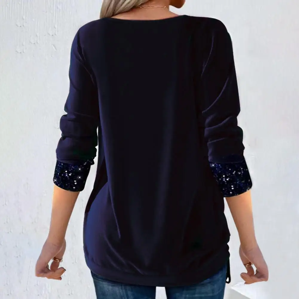 Tops elásticos para mujer, blusa elegante de terciopelo con cuello oscilante y detalles de lentejuelas, Top de manga larga con dobladillo con cordón para mujer