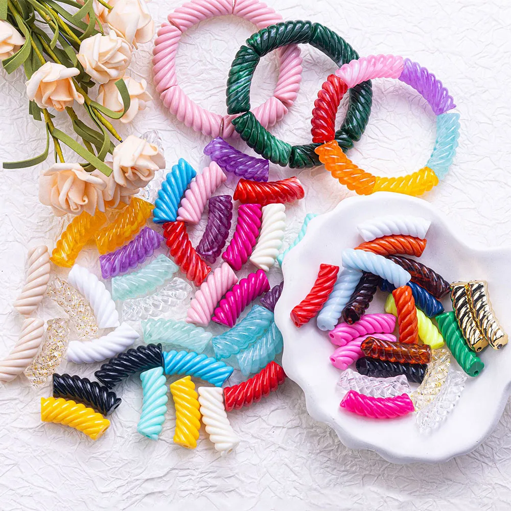 10Pc Acrylic Twisted Curved Tube Loose Beads Bamboo Bent Pipe Straight Hole Color Beaded For Jewelry Making DIY Bracelet 35x12mm