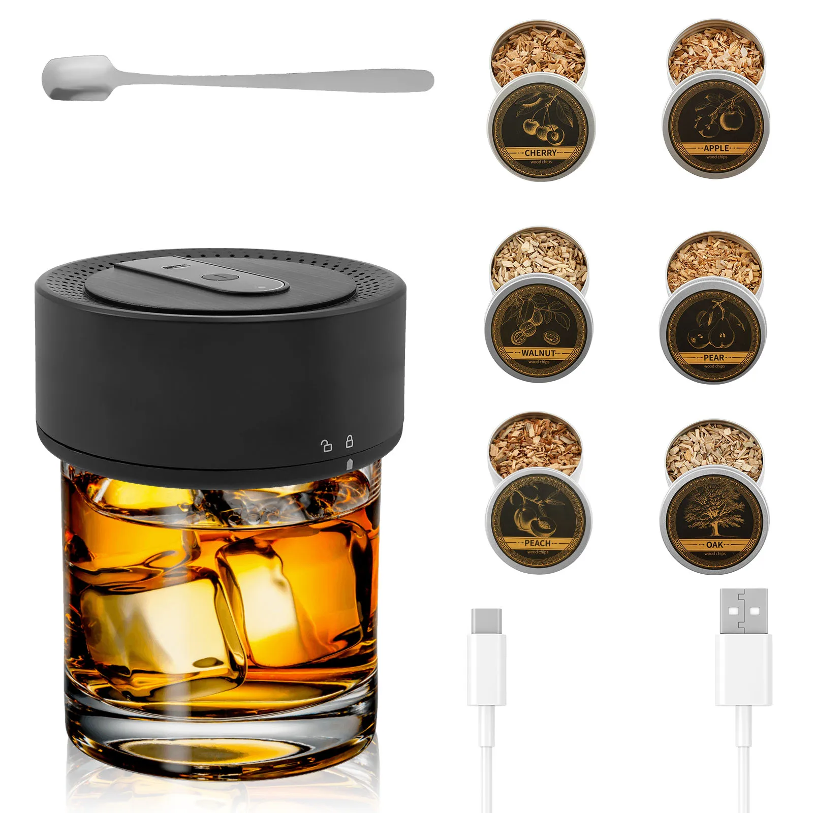 

Flameless Electric Cocktail Smoker Compact USB Charging Whiskey Smoker Kit With 6 Flavors Wood Chip Rechargeable Cocktail Smoker
