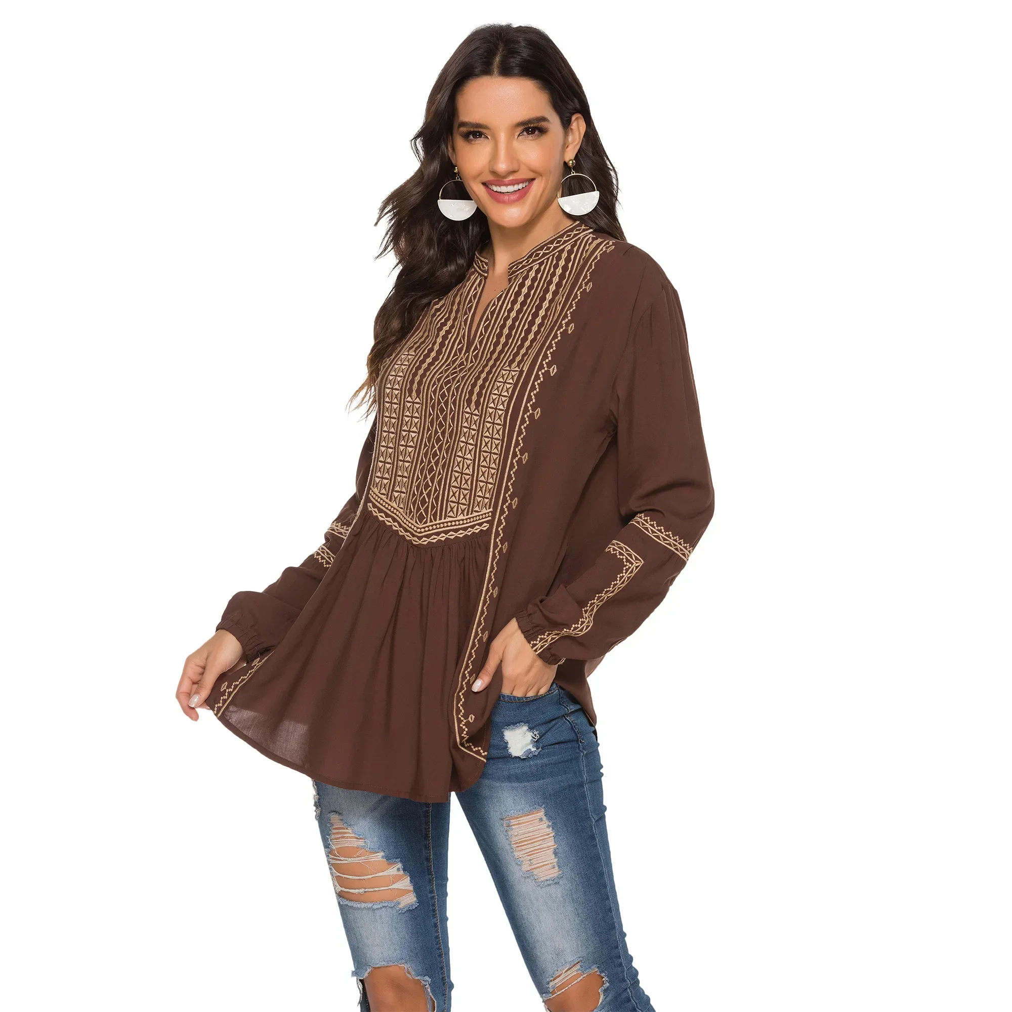 Eaeovni-Brownv Tops bordados boho para mulheres, camisas de manga comprida, túnicas soltas casuais, blusa