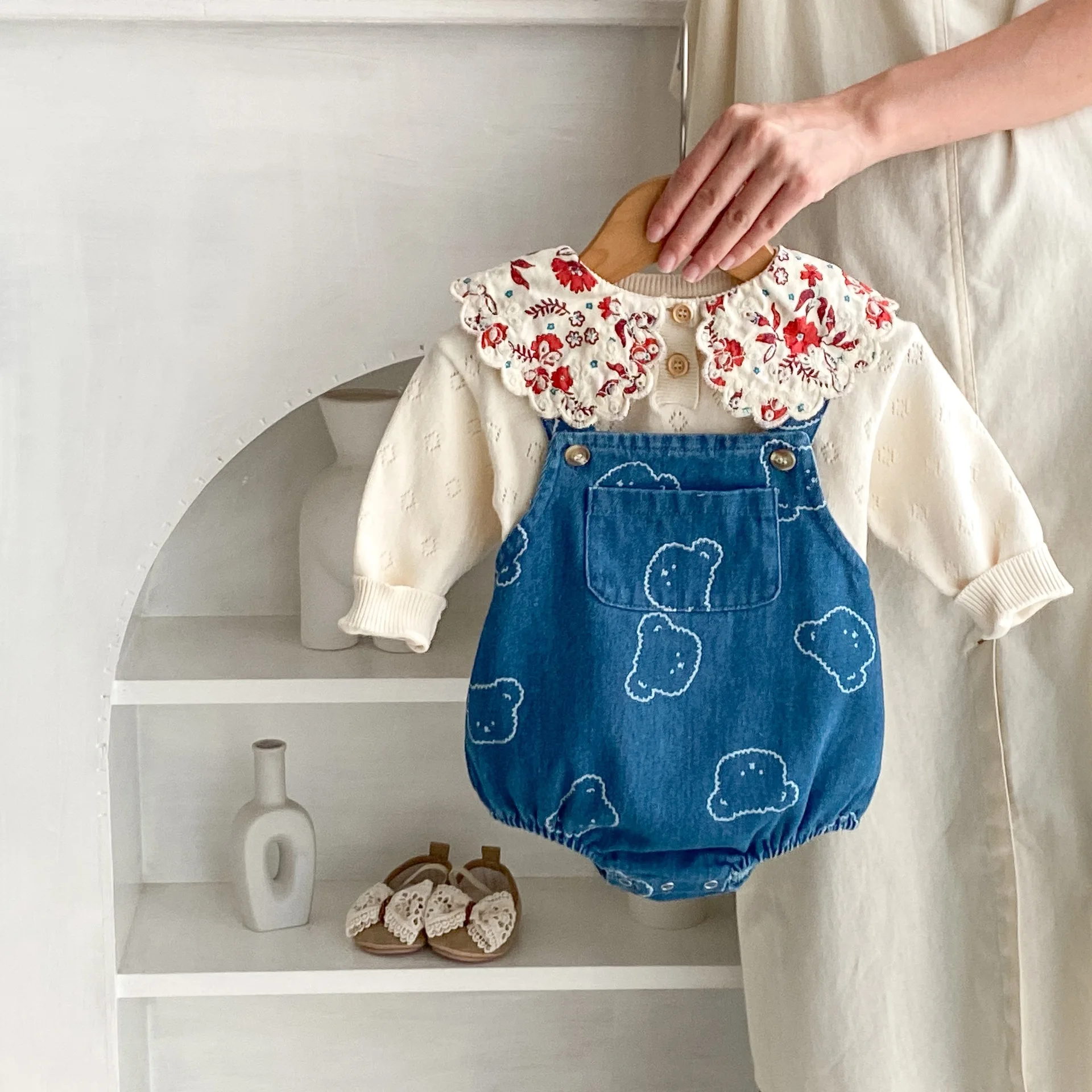 MILANCEL Baby Spring Clothing 0-2Y Cute Bear Head Printed Denim Bodysuit Infant Girls Straps Pants Toddler Boys One Piece