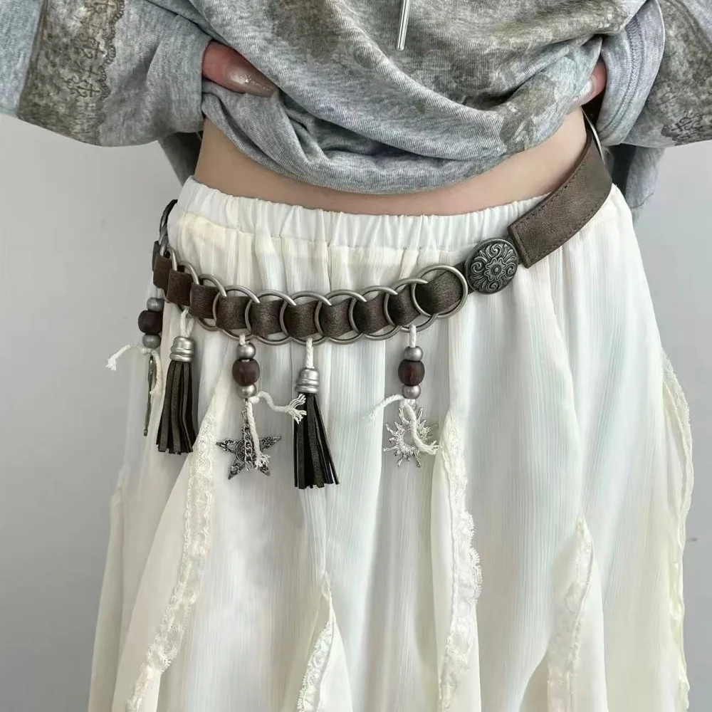 Western Boho Tassel Chain Waist Belt Vintage PU Sun Star Feather Key Multi Charms Antique Silver Concho Buckle Decorative Belt