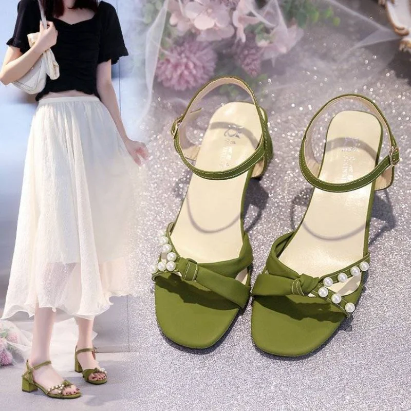 One Word Green Summer 2024 Sandals for Women Bow Pearl Beige Ladies Shoes Footwear Comfortable and Elegant Shoe Korea Sandal F H