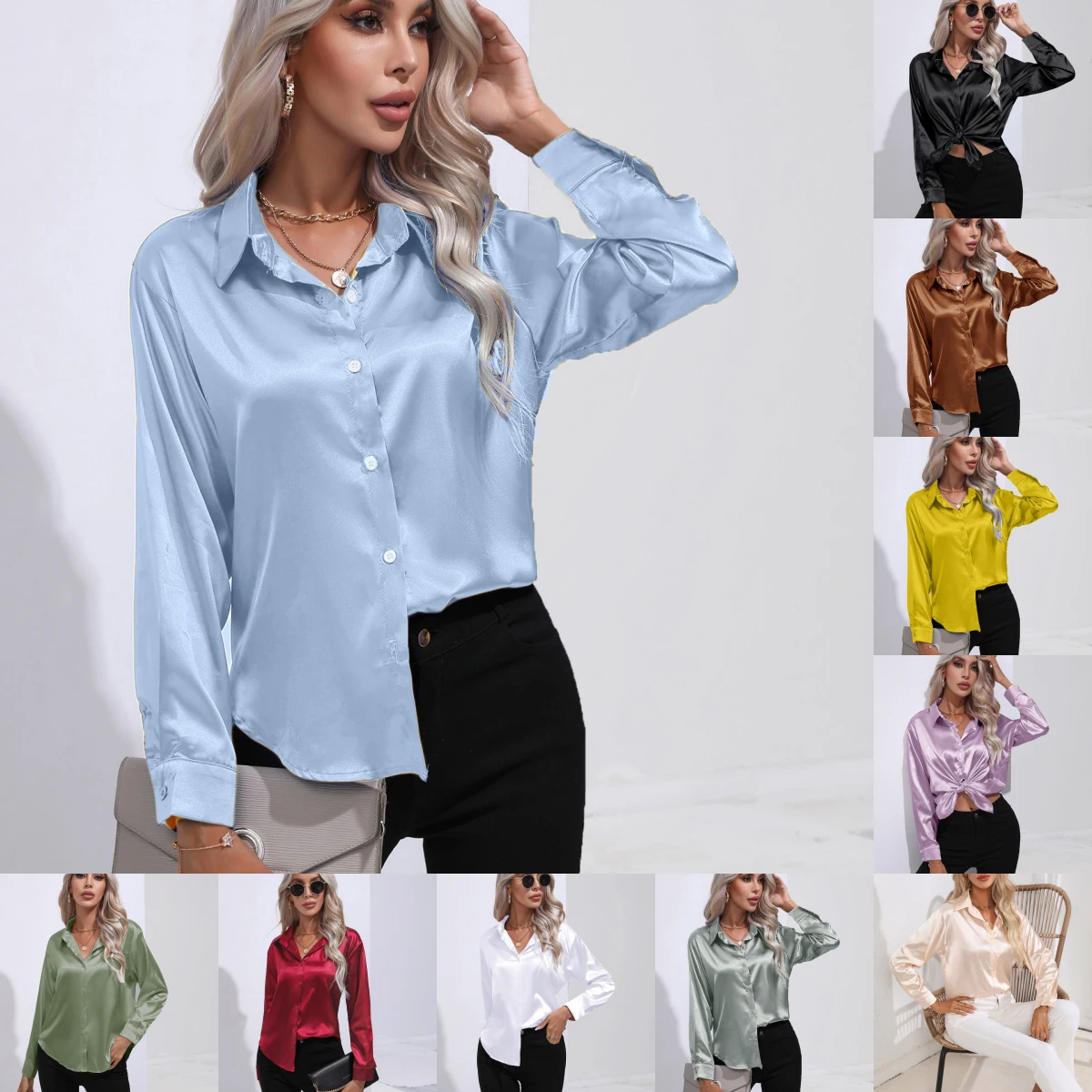 

Retro Trend Office Lady Casual Basic Shirt Autumn All-Match Elegant Satin Shirt Loose Top Multi-Color Dance Party Women Shirt