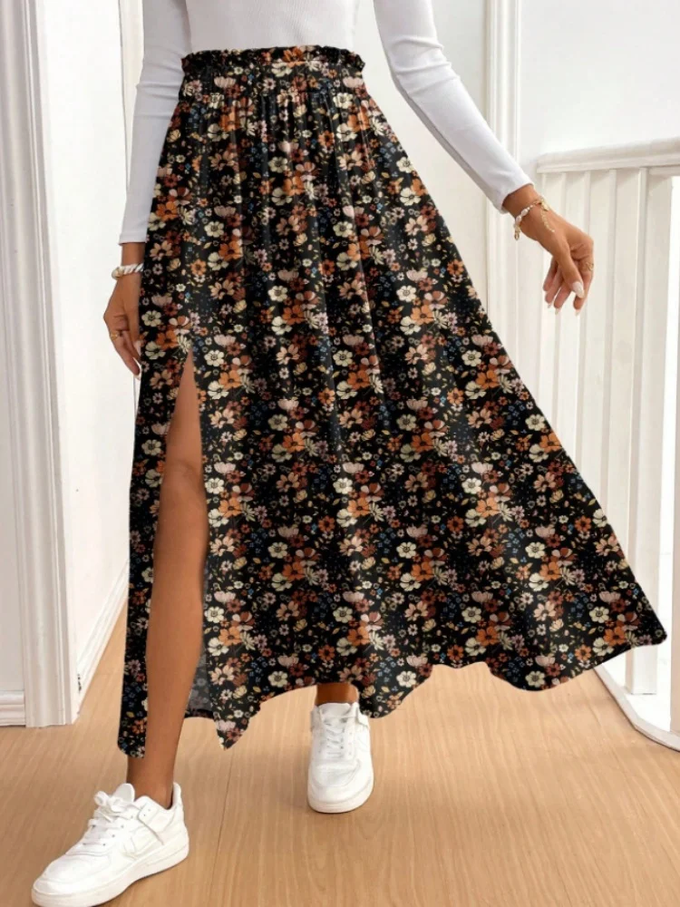

Women's Floral Print Split Hem Midi Skirt Ruffled Slim Fit Elegant Student Style Sweet Casual A Line Skirt