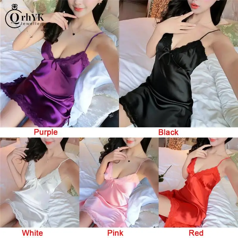 V-neck New Ladies Silk Sling Nightdress Women Sexy Lingerie Satin Sleepwear Lace Cup Nightwear Homewear