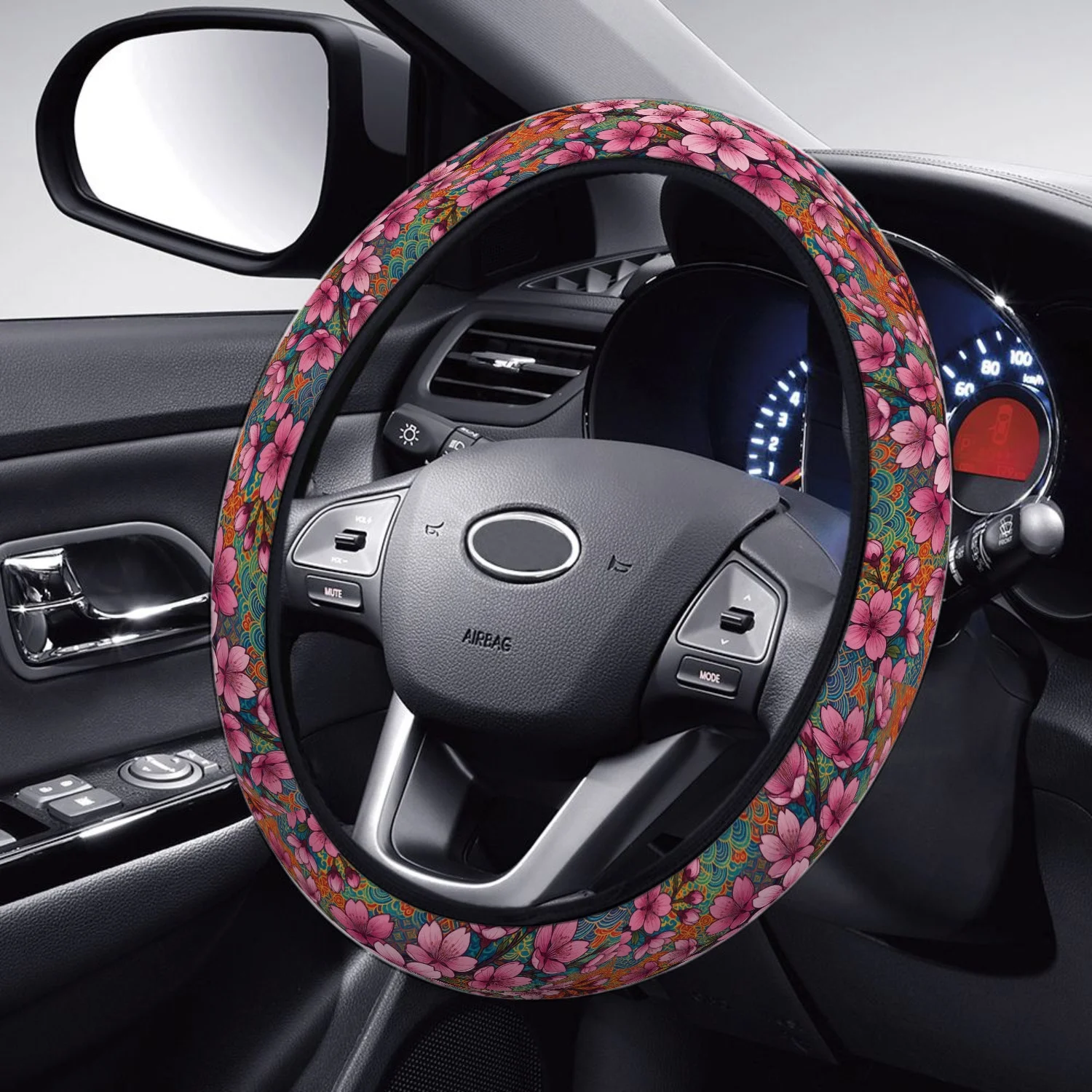Car Steering Wheel Cover with Fashionable Pink Cherry Blossom Patterns in Chinese Style, Non-Slip 15-Inch