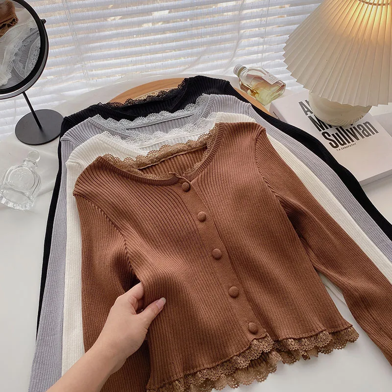 Single Breasted V-neck Slim Sweater 2024 Autumn New Lace Edge Long Sleeved Coat Retro Solid All-Matehed Short Knit Cardigan