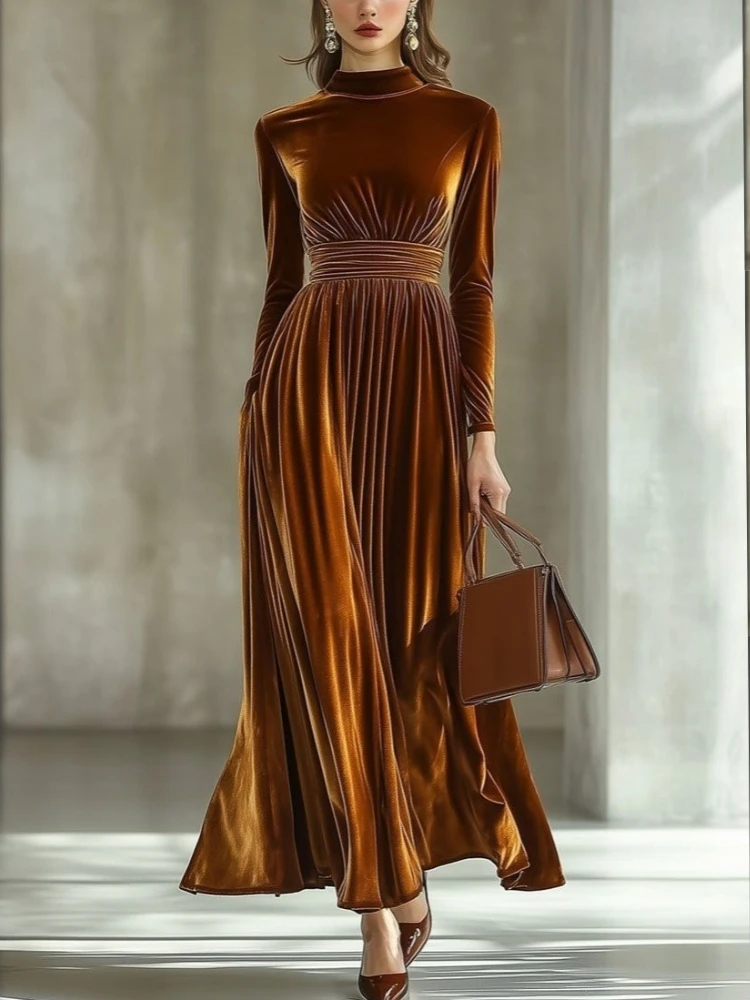 Autumn Winter Womens Gold Velvet Waist Cinched Dresses Long Sleeved Big Swing Long Skirt Female Elegant Style Women's Clothing