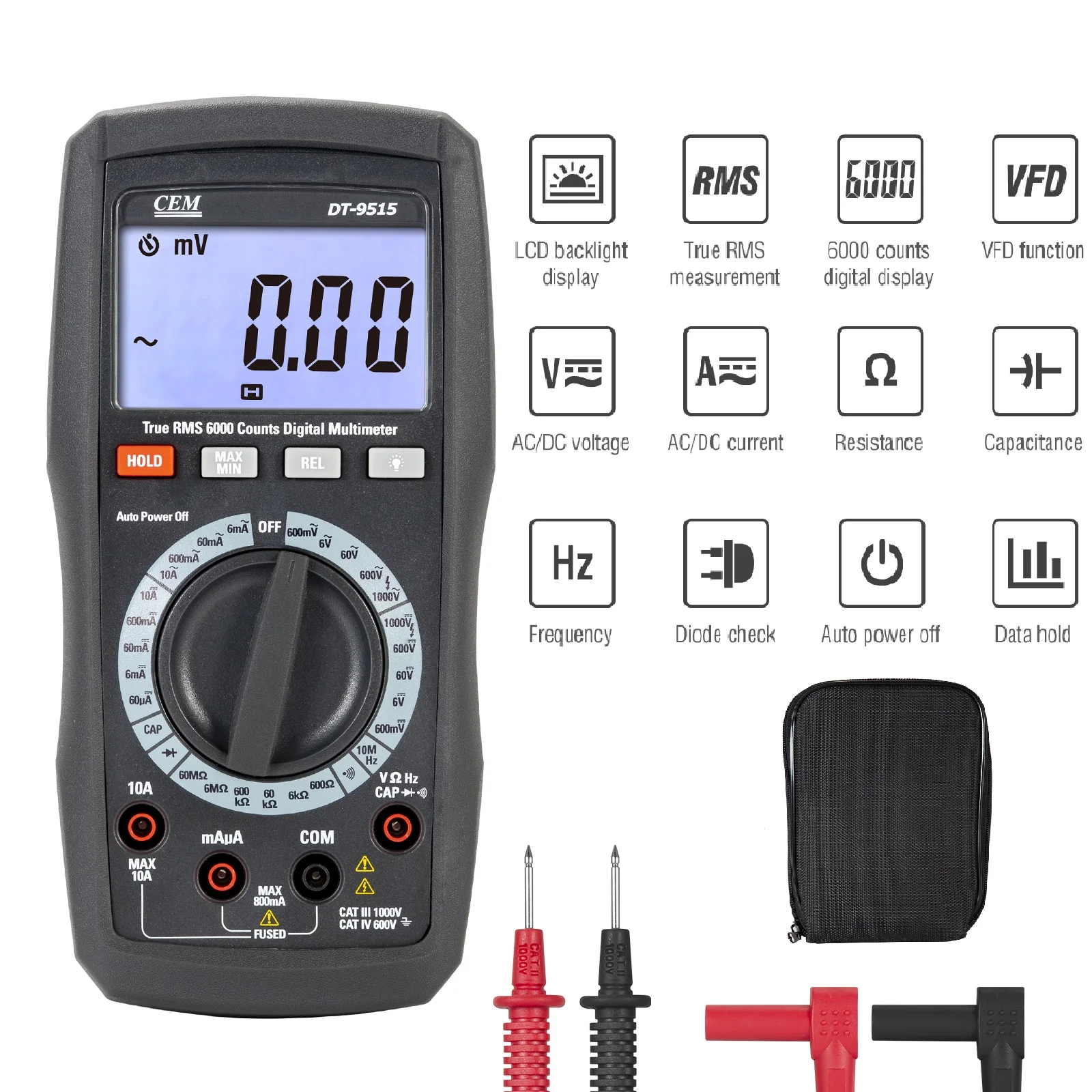 

Digital Professional TURE RMS AC/DC Multimeter Tester 6000 Counts Testing Voltage, Resistance, Continuity Capacity with LCD