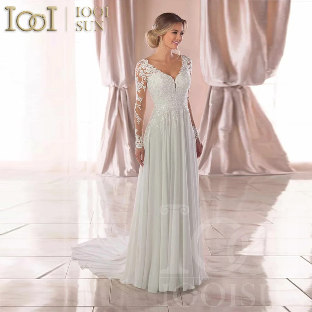 

IOOISUN Vintage Tulle Long Sleeve Wedding Dresses V-Neck Illusion Lace Appliques Bride Gown Court Train Wedding Party Gown