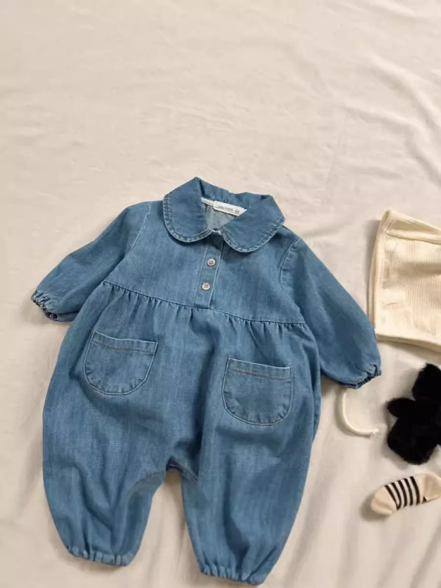 2024 Autumn New Baby Boy Romper Newborn Toddler Girl Cute Lapel Denim Jumpsuit Infant Onesie Solid Baby Loose Denim Clothes