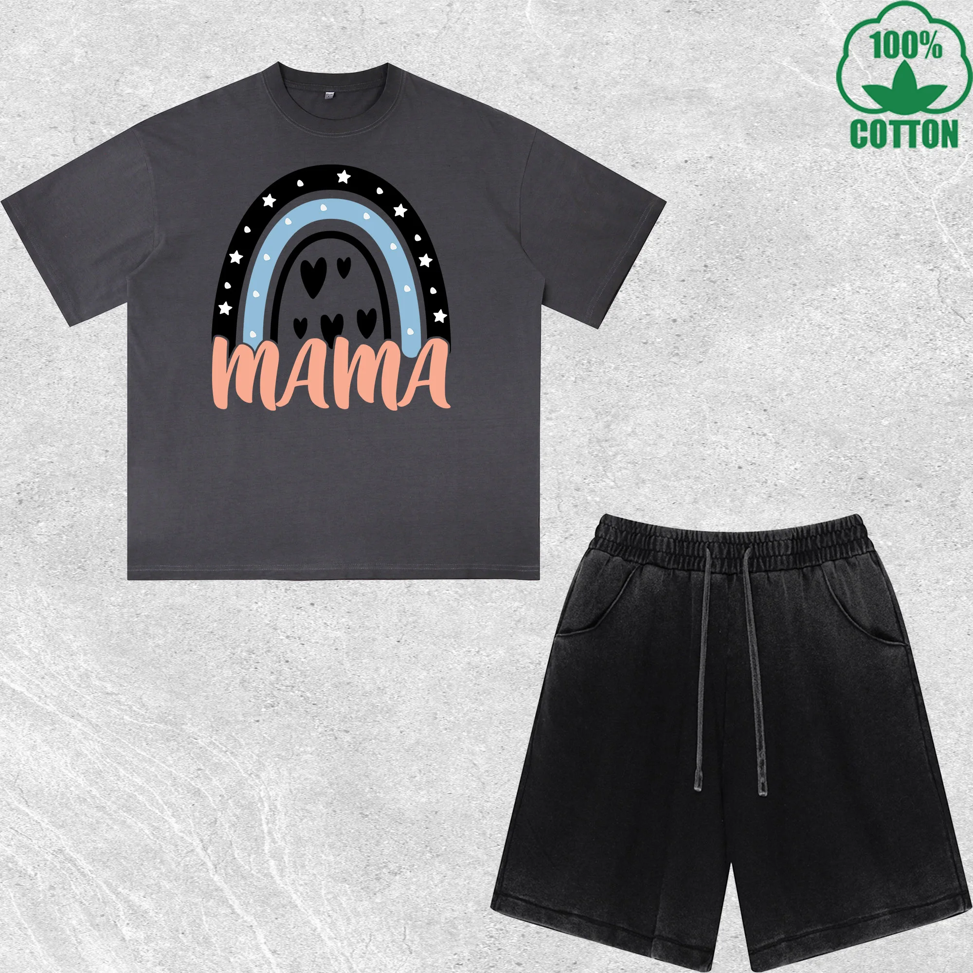 

MAMA Printed Dirty Wash T-Shirt Shorts Set Combo Loose Trendy Fashionable 100%Cotton Black Suit