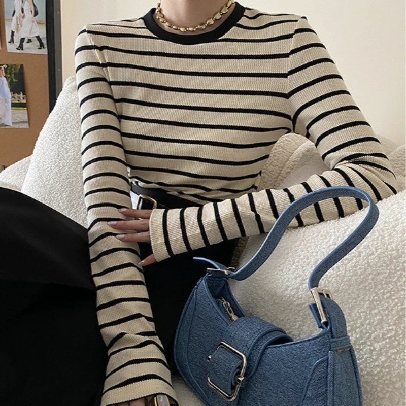 

Tops Women T Shirts Round Neck Full Sleeve Striped Top Slim Fit Y2k Streetwear Elegant Splice Knit Casual Autumn Winter 2025