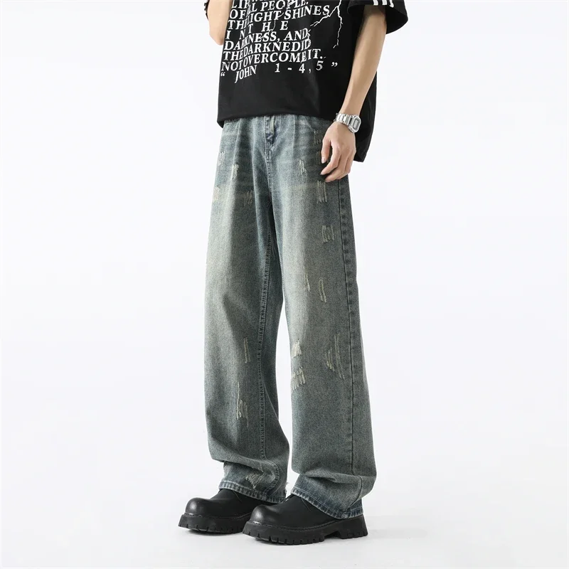 

Мужские мешковатые прямые брюки, корейские джинсы Four Seasons для мужчин, модные винтажные мужские джинсовые брюки с царапанным дизайном