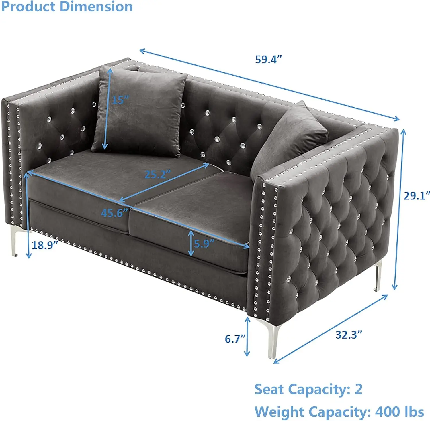 Square Arms 59 Inch Tufted Sofa with Trimmed Nailhead and Metal Legs Loveseat Couch with 2 Pillows for Living Room