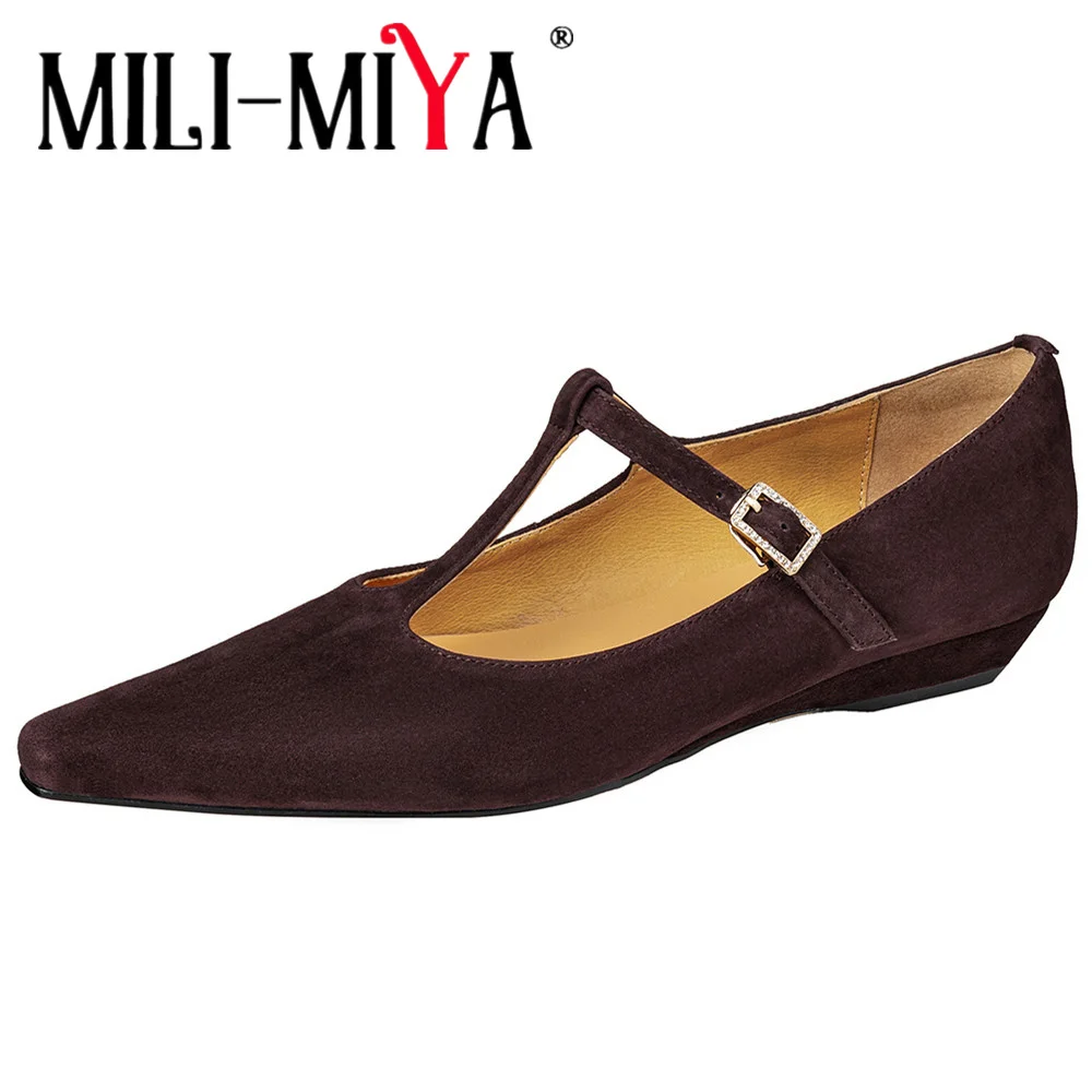 MILI-MIYA Classical Simplicity Kid Suede Pointed Toe Comfortable Wedges Heels Spring Pumps T-Strap  Mature Versatile Shoes