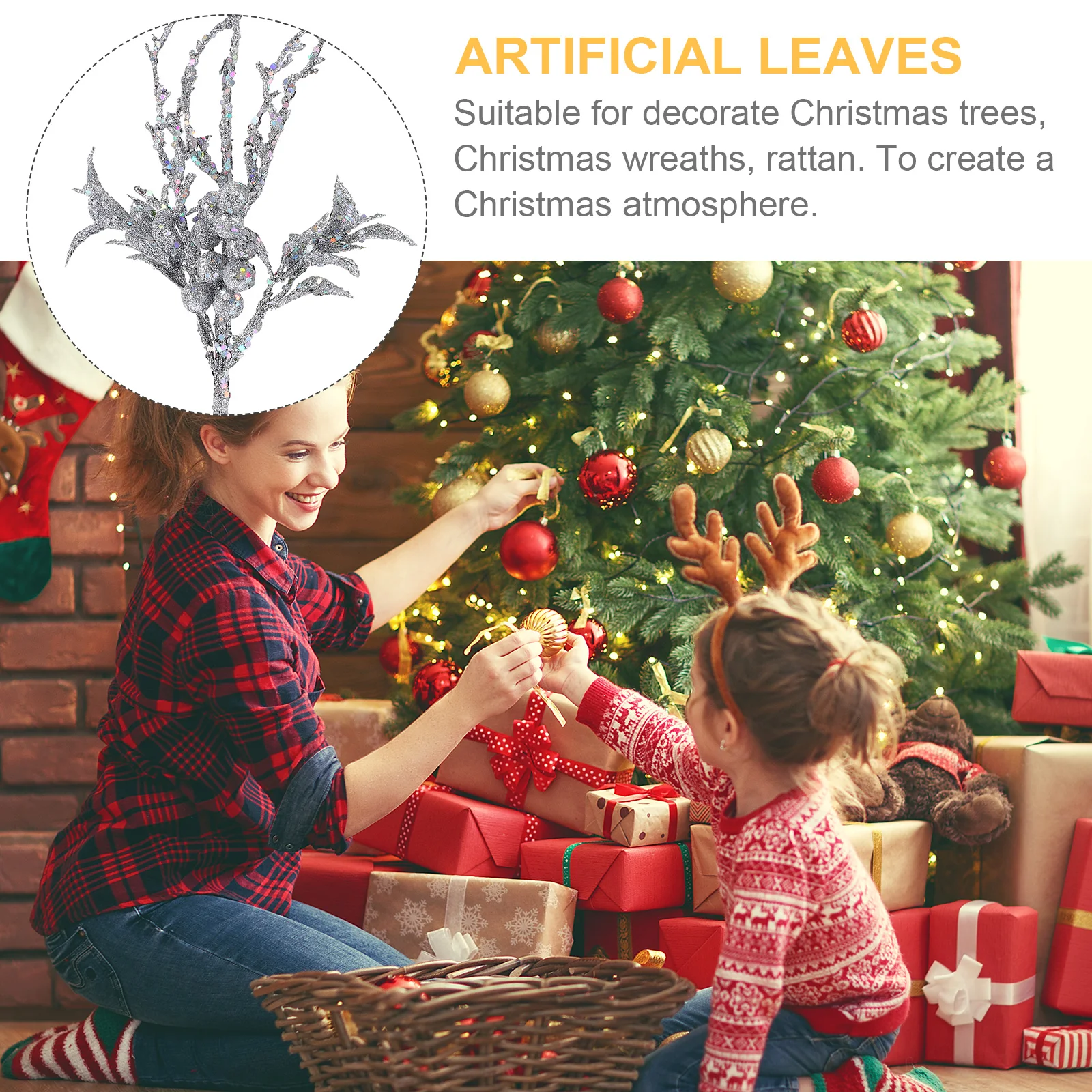 

2 Pcs Christmas Tree Decoration Glitter Leaves Picks Artificial Plastic Leaf Ornaments for Sprays Crafts BouquetFlower Wreaths