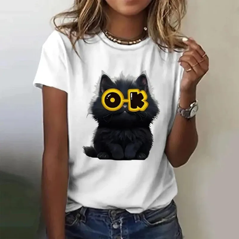

Cute Cat Printed Women's T-shirt Summer Comfortable White T-shirt Fashion Casual T-shirt Round Neck Retro Casual Women's Top