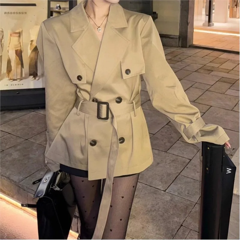 

A new khaki trench coat for women short and elegant ladies with cinched waist
