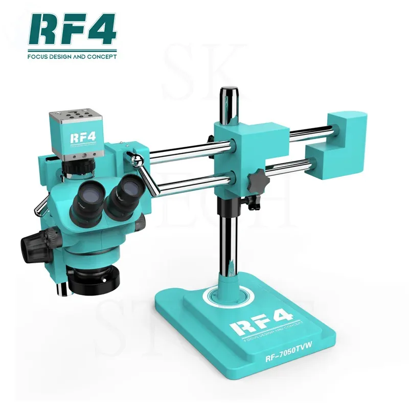 Double Arm 7-50X Continuous Zoom Stereo Microscope RF4 RF7050TVW with 4KC1 Camera and 144 LED Ring Light